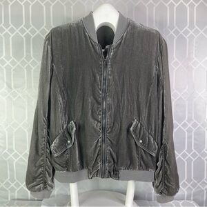 Free People Ruched Crushed Velvet Bomber Jacket Zip Up Slate Grey Large (L)